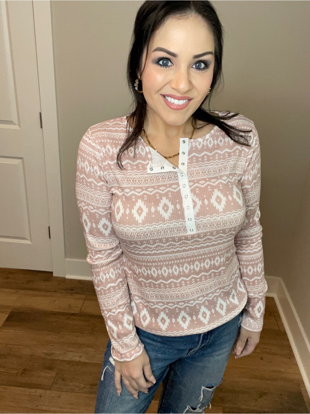Large Women's Long-Sleeve Snap Henley Top - Blush Pattern